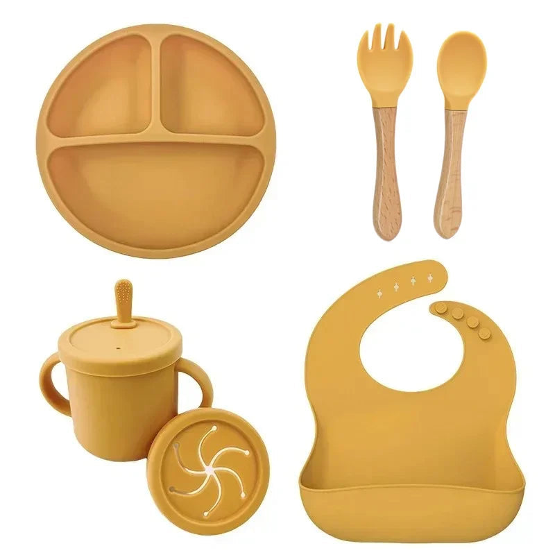 Food Grade Silicone Child Dish Set Baby Feeding Bowl Suction Plate Straw Cup Wooden Spoon Fork for Kids Tableware Toddler Dishes Purest Peak